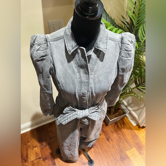 Express Puff Sleeve Tie Waist Gray Wash Denim Jumpsuit 6 - Picture 7 of 16
